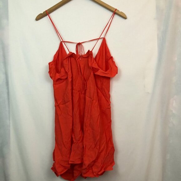 ASTR Waist Tie Flutter Romper Coral Red Orange Sleeveless Strappy Boho Ruffle XS - Picture 9 of 10